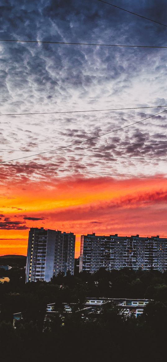houses, street, district, sunset, clouds, evening, city