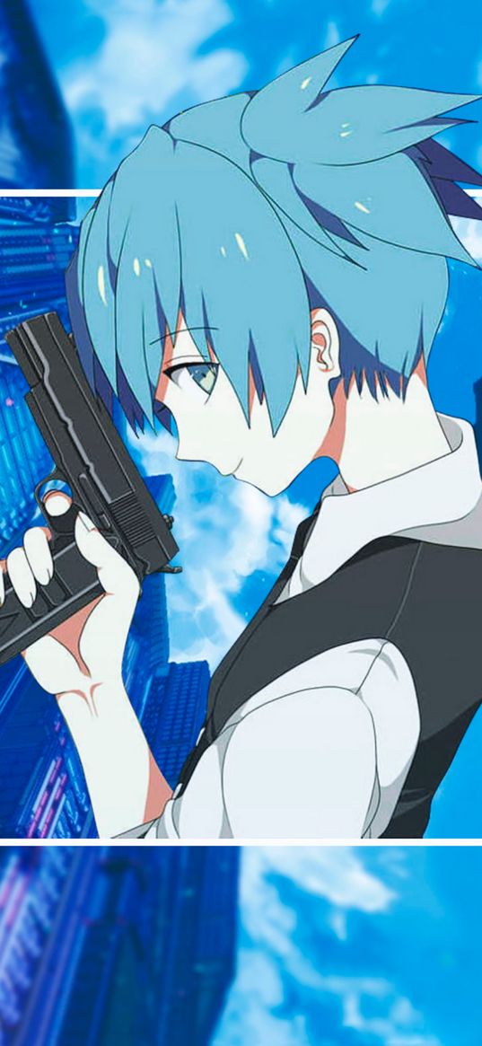 nagisa shiota, assassination classroom, anime, girl, smile, blue hair, gun, weapon, skyscrapers, clouds, sky, art