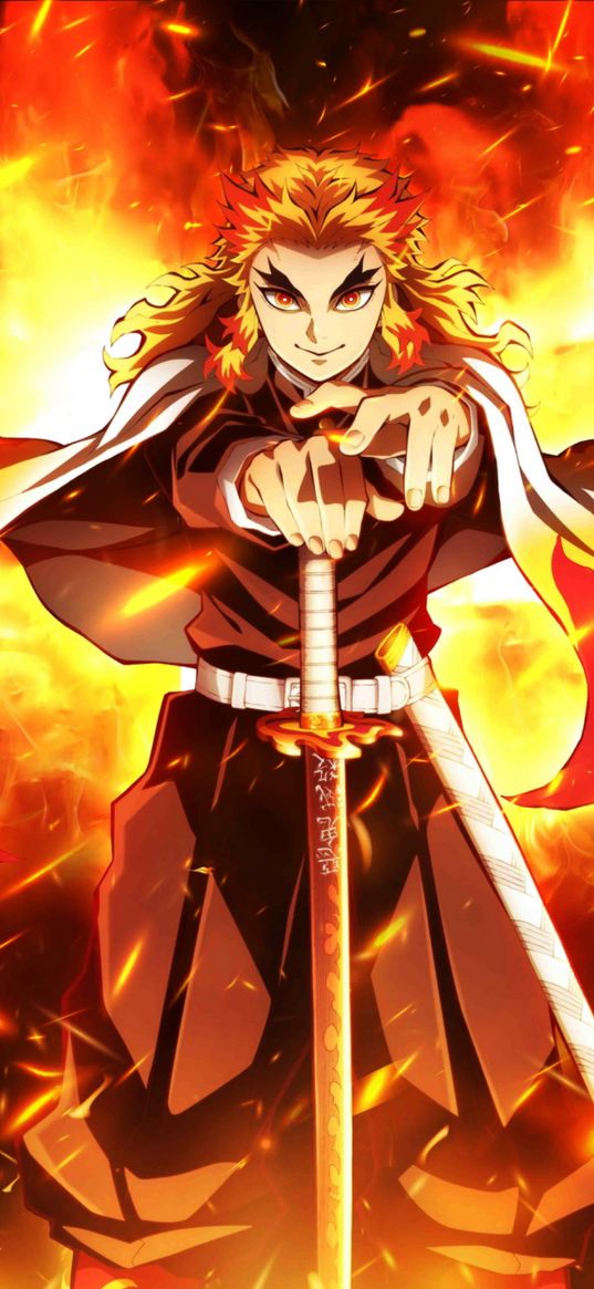 kyojuro rengoku, demon slayer, anime, guy, warrior, sword, katana, cloak, flame, fire, art