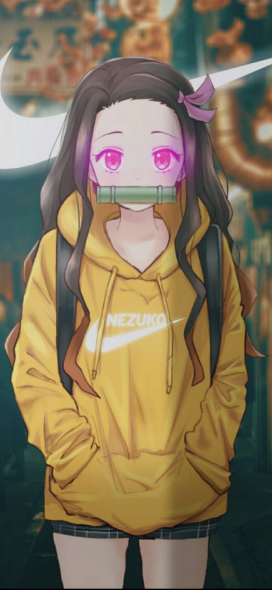 nezuko kamado, demon slayer, anime, girl, hoodie, nike, pink eyes, bamboo, art