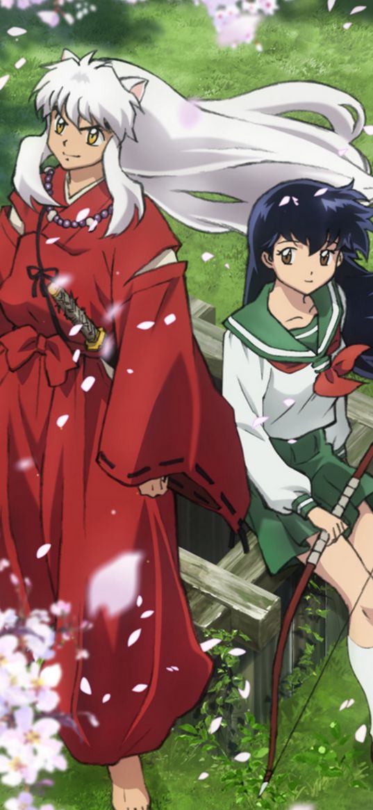 kagome, inuyasha, anime, couple, guy, girl, sword, bow, sakura, art