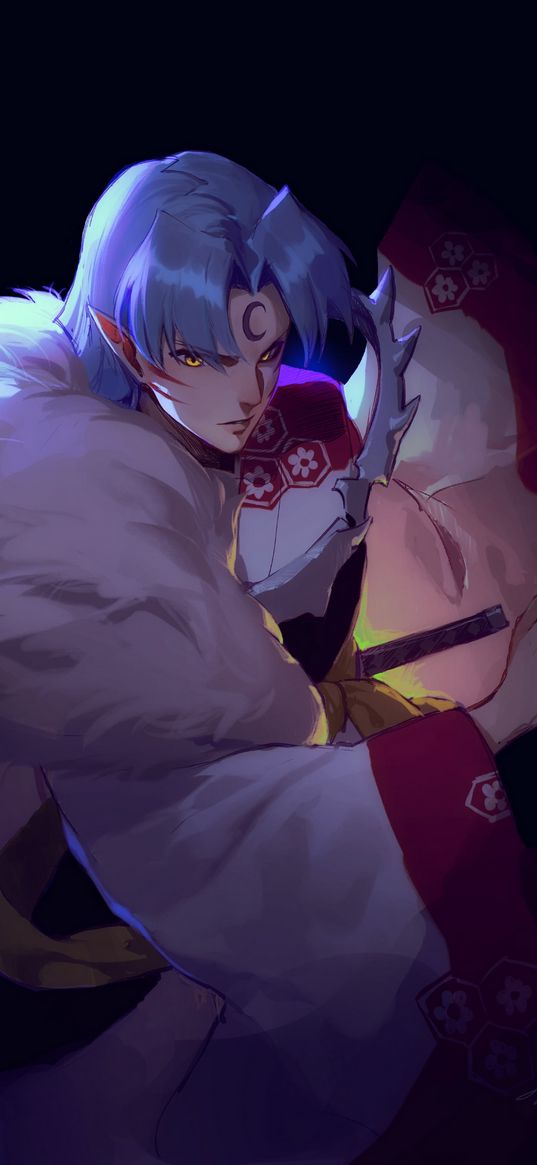 sesshomaru, inuyasha, anime, guy, elf, fur, month, tattoo, demon, art