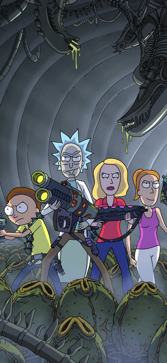 rick and morty, cartoon, characters, family, weapons, cave, alien, eggs, art