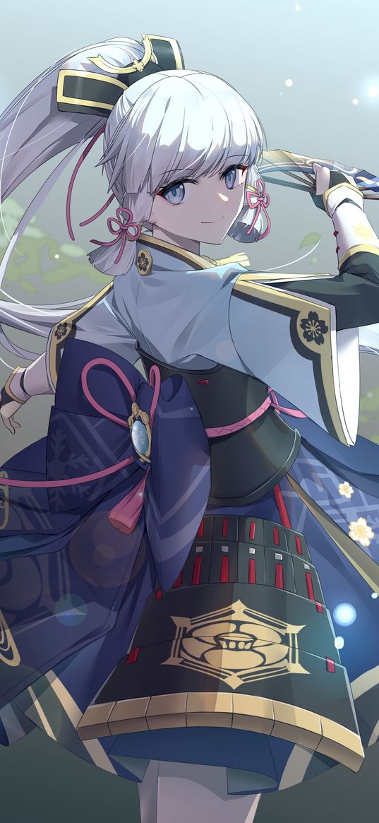 kamisato ayaka, genshin impact, game, anime, girl, gray hair, fan, beautiful, cute, art