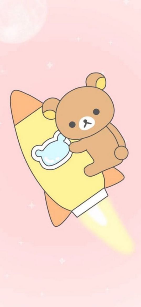 rilakkuma, bear, rocket, moon, cute, pink background