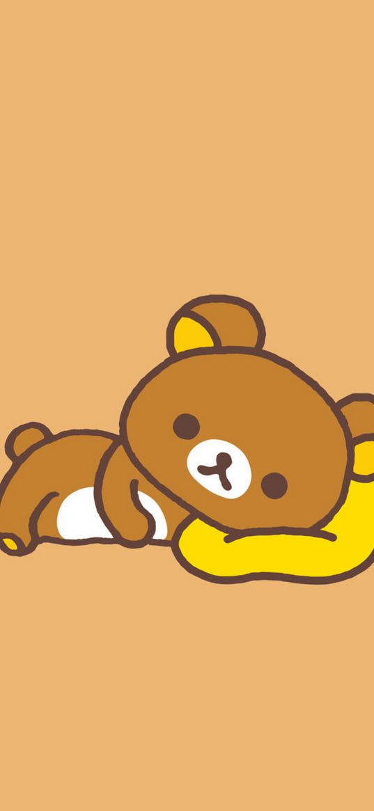 rilakkuma, bear, pillow, sleeping, cute, orange background