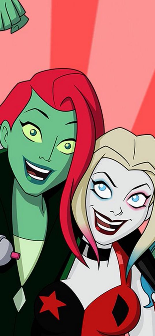 poison ivy, harley quinn, villains, dc, girls, girlfriends, laughter, funny, red background, comics, art