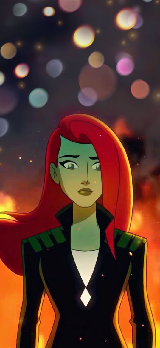 poison ivy, villain, dc, girl, redhead, sad, fire, glare, art