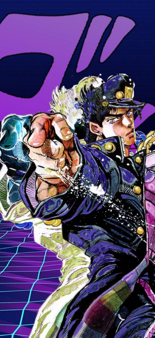 jotaro kujo, jojo's bizarre, anime, guy, jacket, cap, trendy, angry, gesture, purple background, art