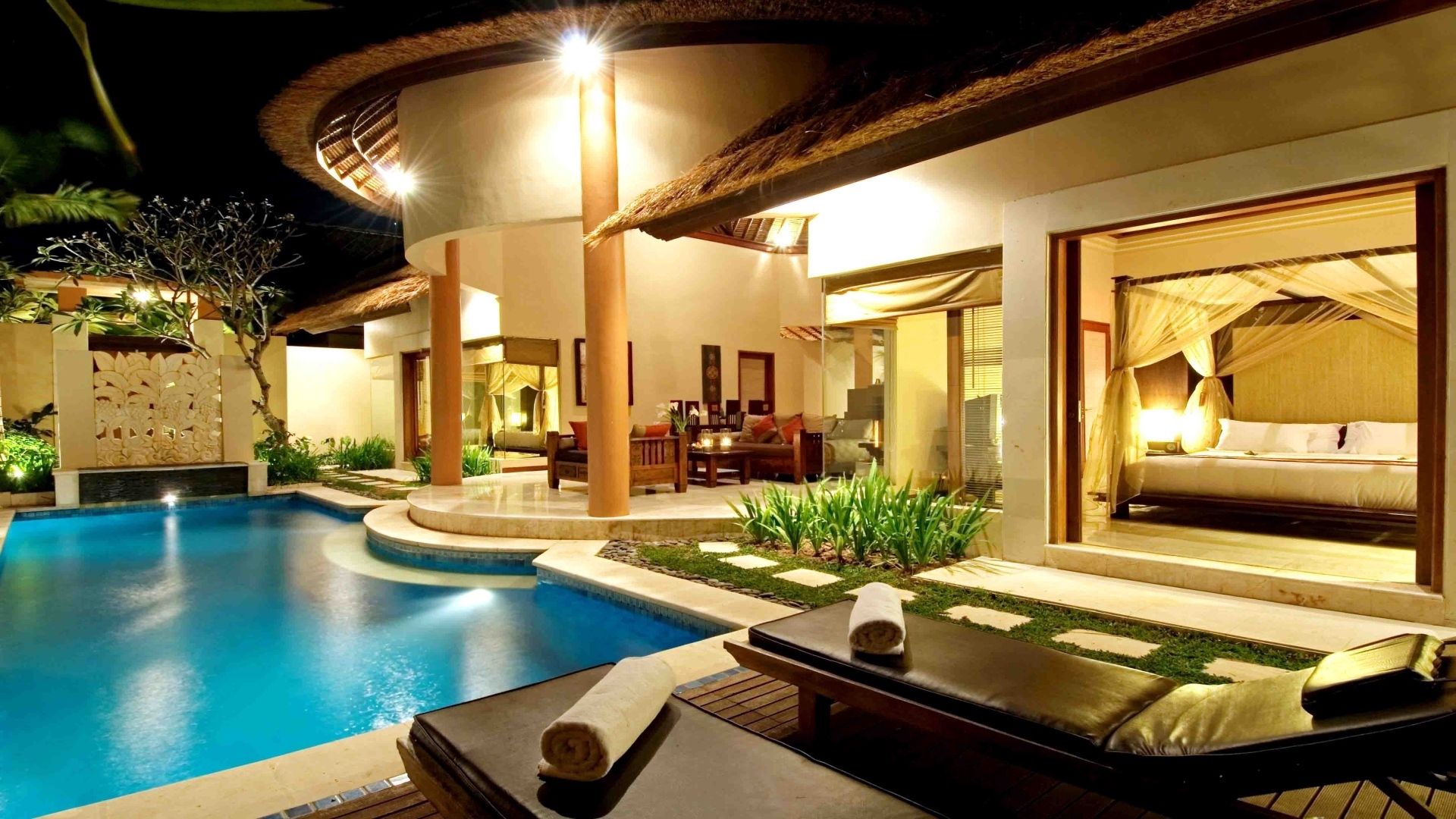 swimming pool, evening, villa, water, house, sofas, beds, night, table, lounge chairs