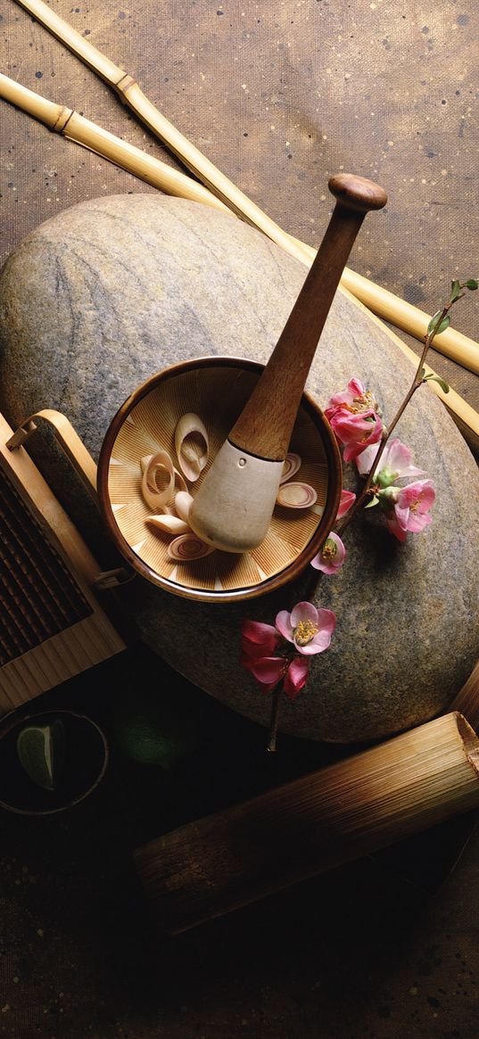 bamboo, roots, petals, sticks, pestle, mortar