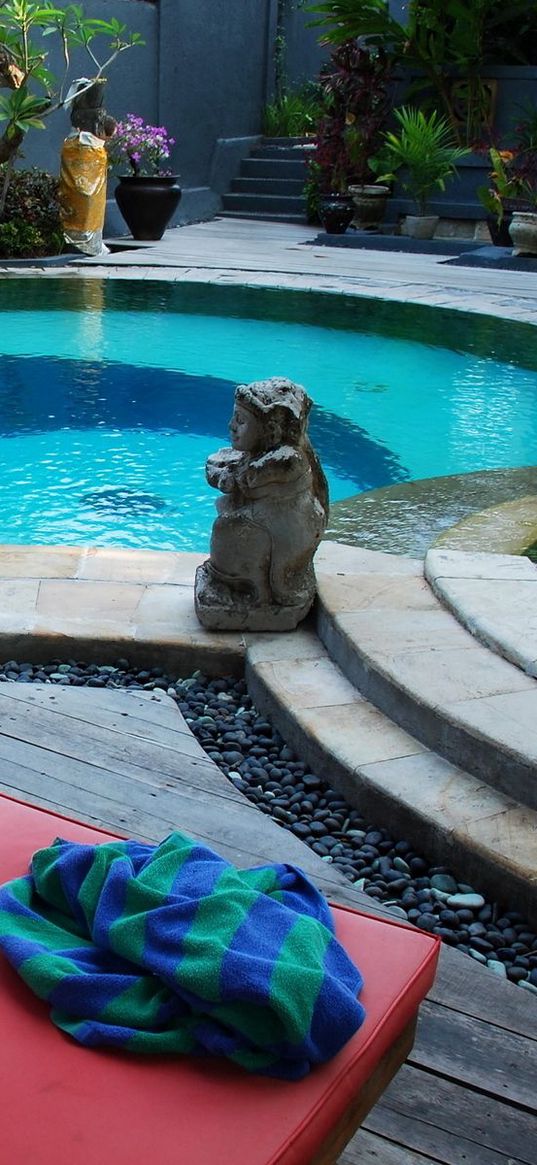 swimming pool, water, trees, design, interior design, yin-yang, towel, plants, vegetation, statue, figurine