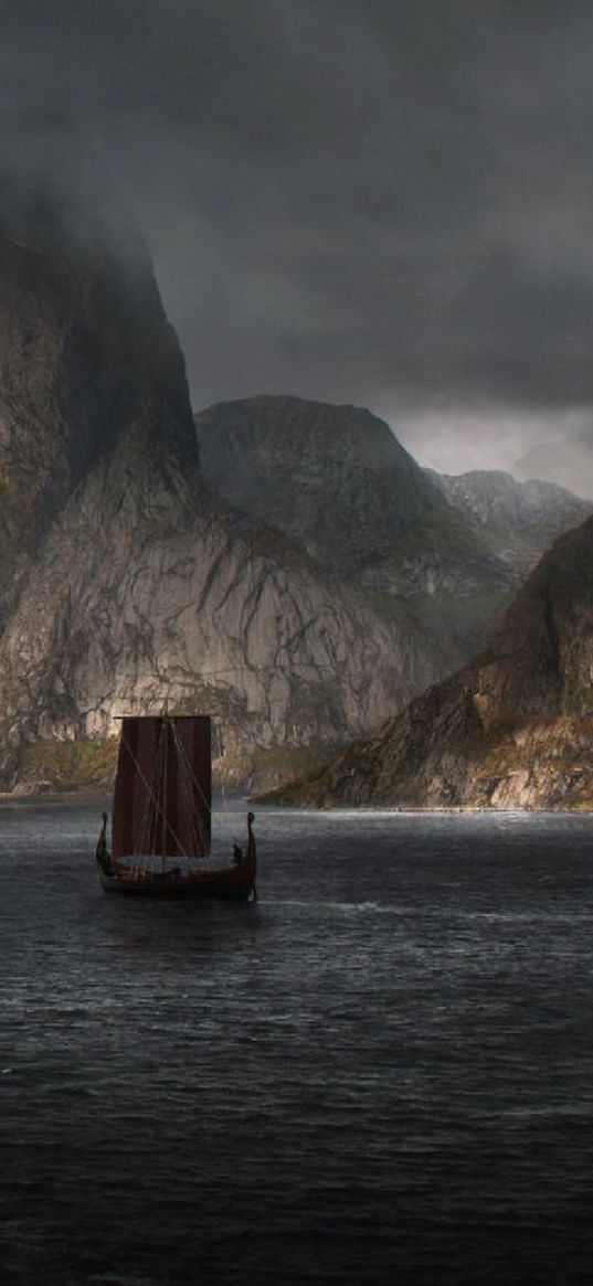 water, sea, mountains, ship, vikings, grey sky