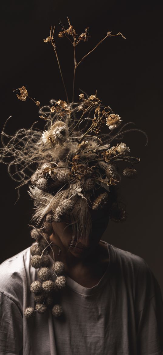 girl, hair, flowers, dry, wreath