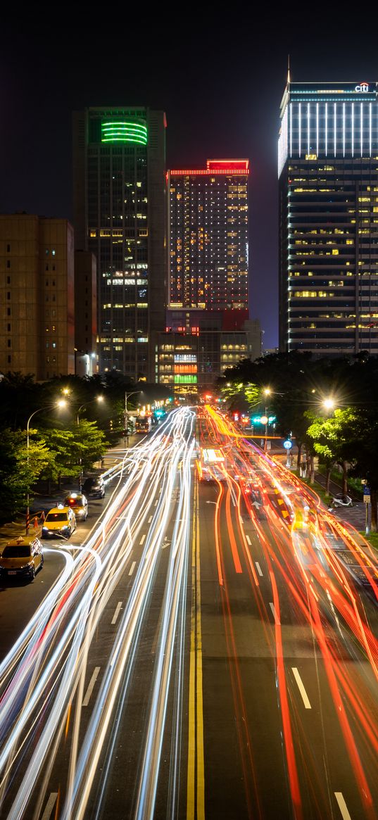 road, buildings, lights, long exposure, city, night