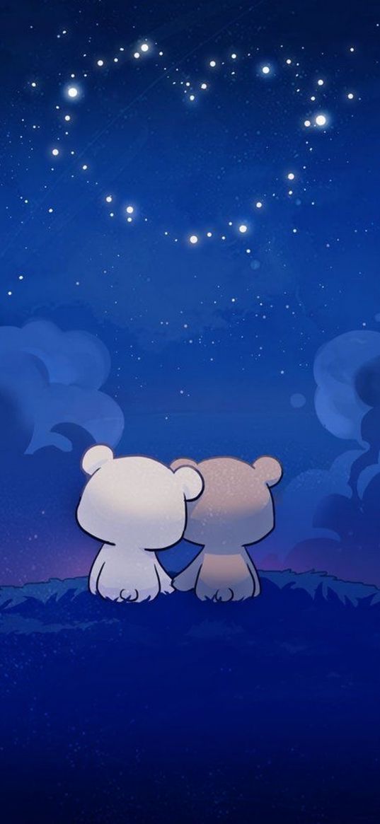 milk and mocha, bears, couple, cute, heart, stars, clouds, night, romance, art