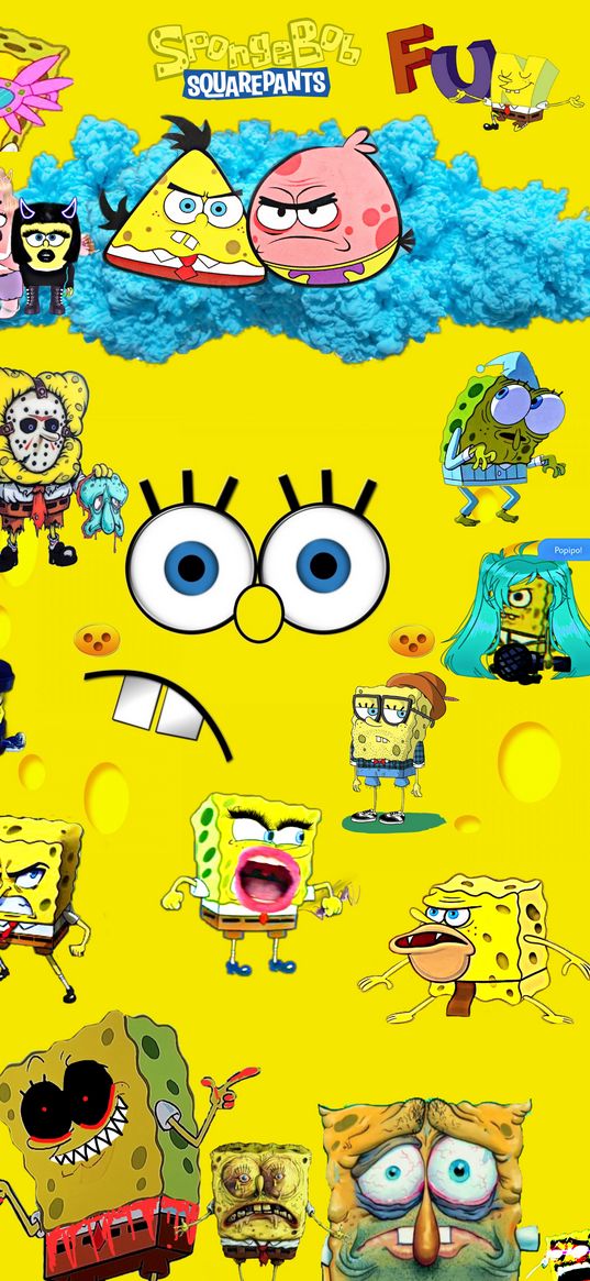 spongebob, cartoon, collage, yellow background, art