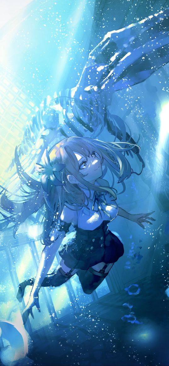 girl, underwater, bubbles, swims, anime, art