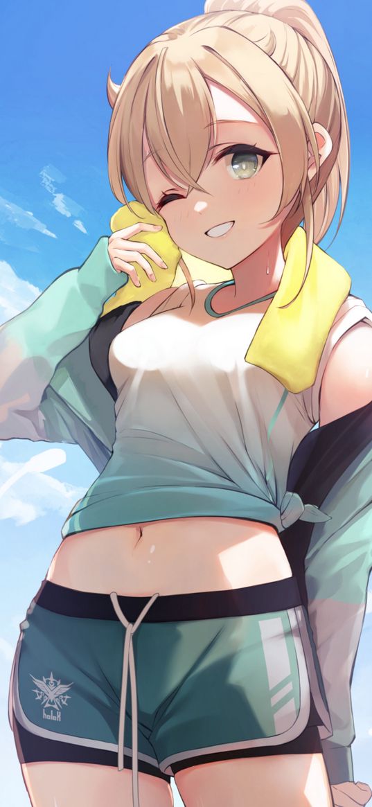 iroha kazama, hololive, blonde, girl, tracksuit, towel, heat, summer, clouds, blue sky, art