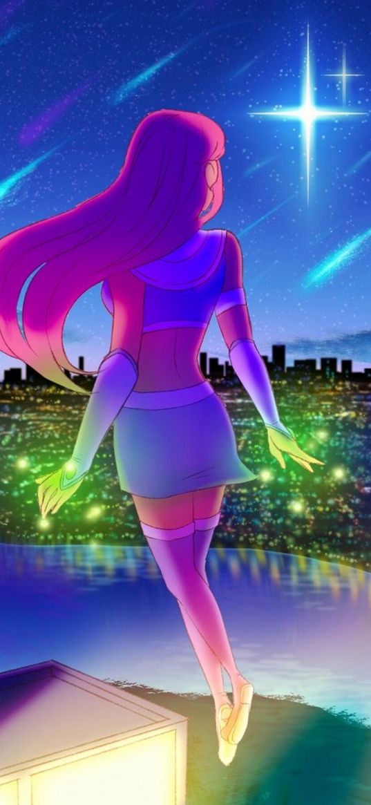 starfire, teen titans, superhero, dc, comic, girl, flying, super power, city, lights, stars, night, art