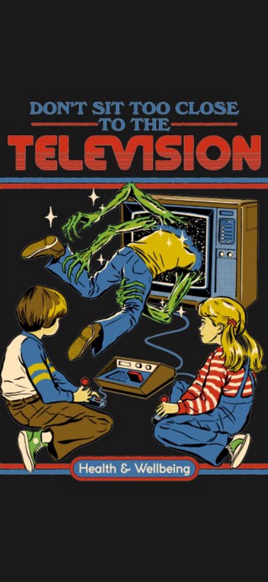 kids, tv, game console, monster, black background, retro, poster, art