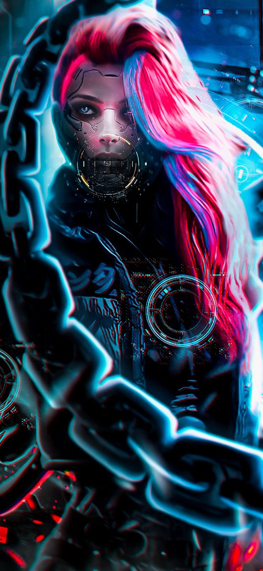 girl, implants, pink hair, beautiful, technology, chain, cyberpunk, digital art