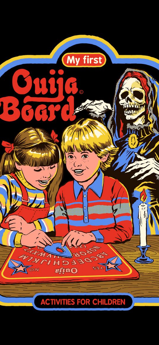 kids, ouija, spiritualism, candle, skeleton, ghost, horror, retro, black background, poster, art