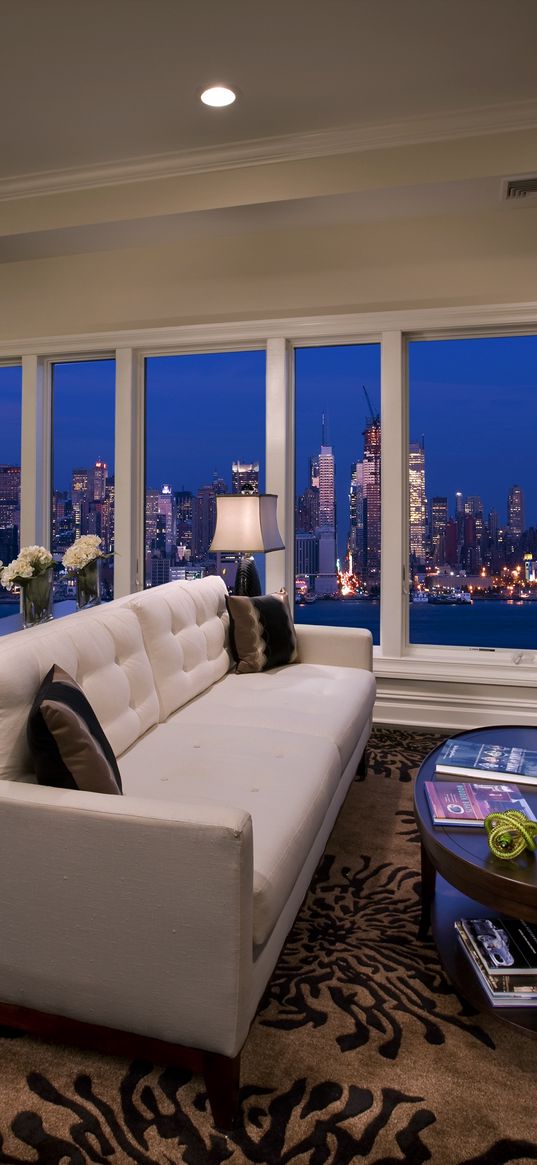 city, sofa, buildings, interiors, apartment, room, suite, metropolis, skyscrapers, night, new york, window, penthouse, table, usa