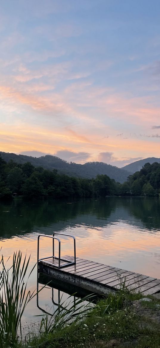 sunset, clouds, lake, bridge, pink, peach, forest, mountains, sky