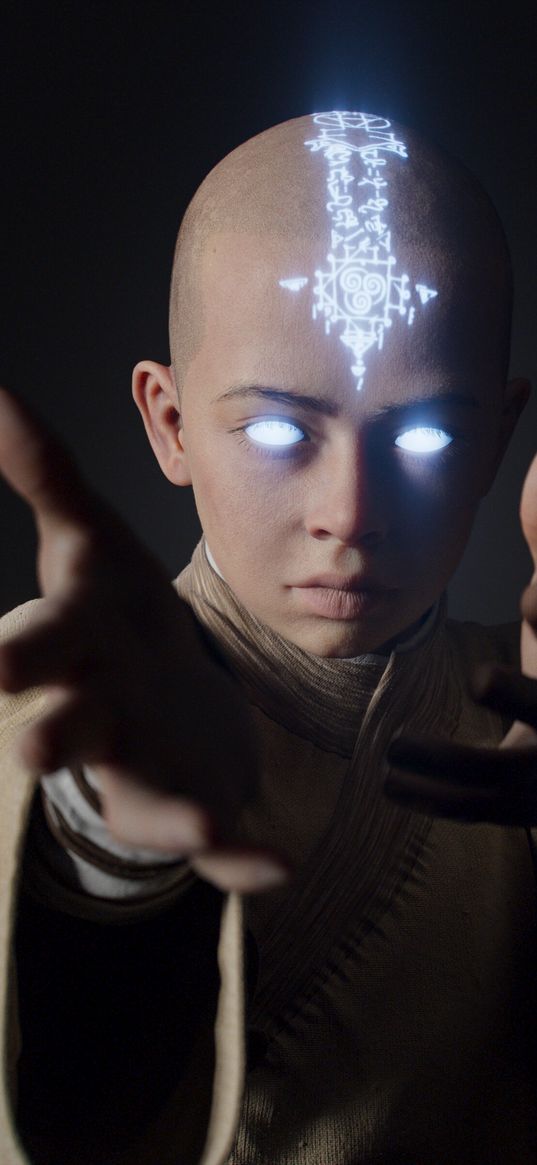 aang, lord of the elements, avatar, movie, character, eyes, symbols, light, hands