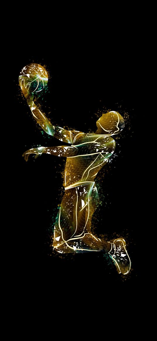 man, ball, basketball player, silhouette, splinters, basketball, black background