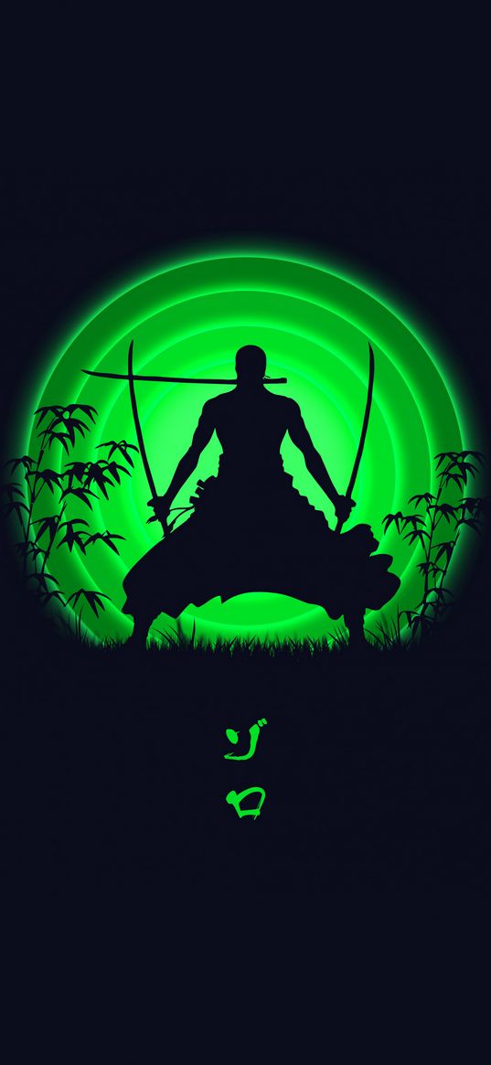 man, warrior, silhouette, swords, hieroglyphs, green, black background, art