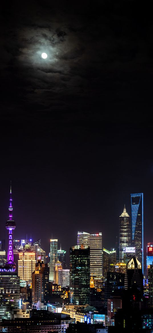 tower, skyscrapers, neon, lights, buildings, city, night