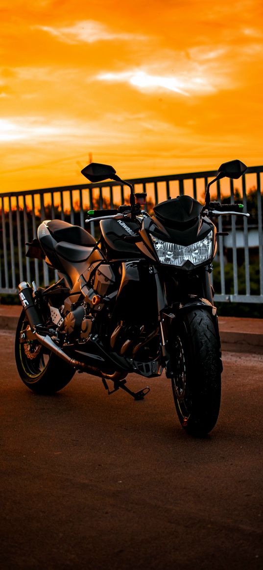 kawasaki z750, kawasaki, motorcycle, bike, bridge, road, sunset