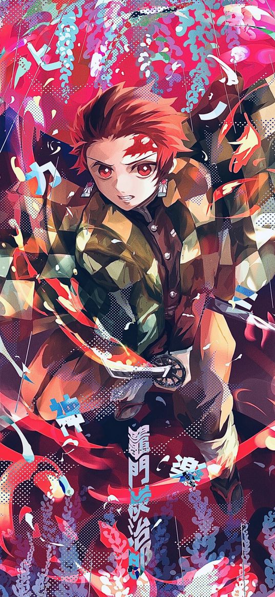 tanjiro kamado, demon slayer, anime, guy, katana, bright, colorful, art