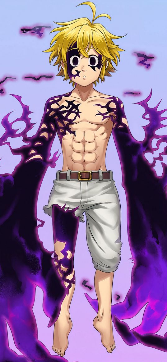 meliodas, seven deadly sins, anime, guy, demon, big hands, purple, art