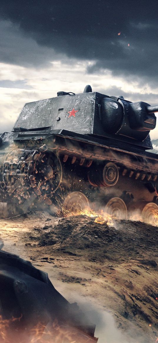 kv-1, tank, world of tanks, game, battle, sparks, poster, art