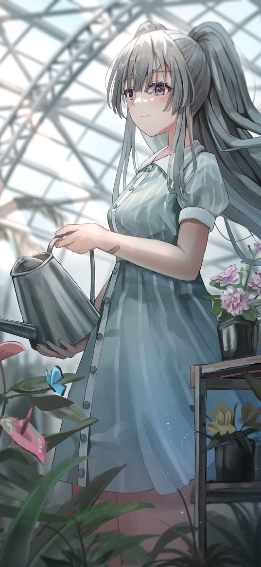 girl, gray hair, dress, watering can, flowers, garden, greenhouse, anime, art