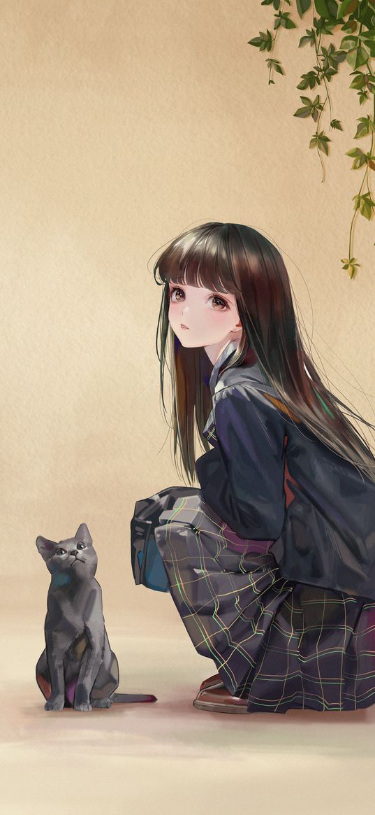 girl, cat, skirt, sitting, beautiful, cute, anime, art