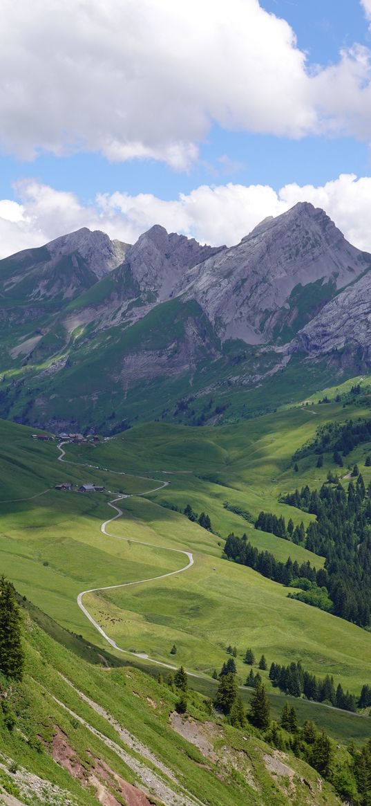 mountains, valley, trail, trees