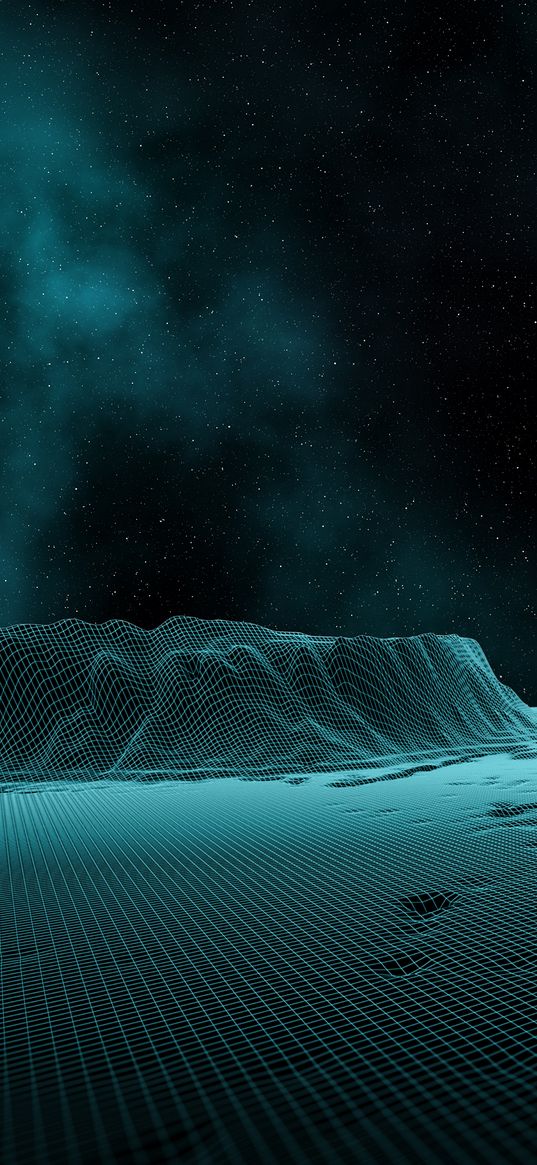 mountains, textures, grid, starry sky, stars, blue, digital art