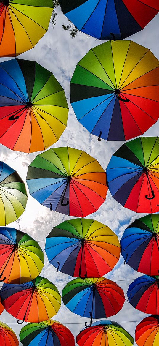 umbrellas, rainbow, bright, colored, sky, clouds