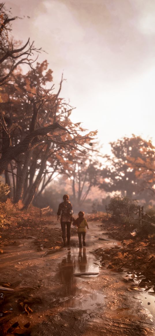 a plague tale, game, characters, girl, boy, road, mud, trees, forest, autumn, art