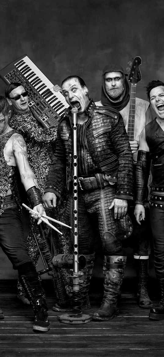 rammstein, metal band, metallers, guitars, musical instruments, black and white