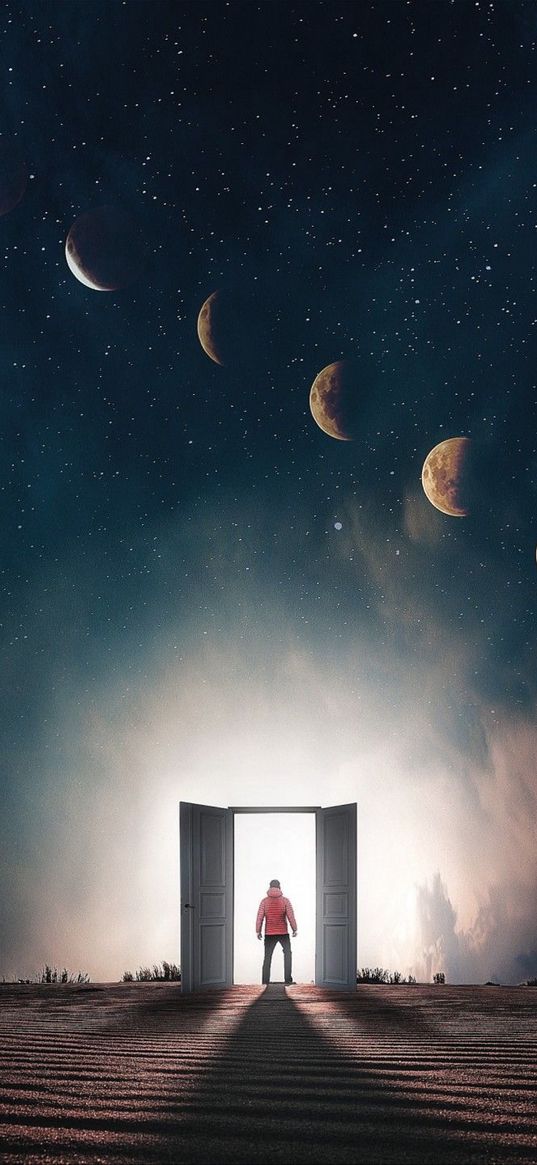 man, door, desert, moon phases, moon, starry sky, stars, fantasy