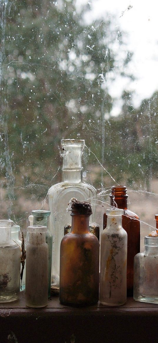 bottles, containers, glass, window sill, collection