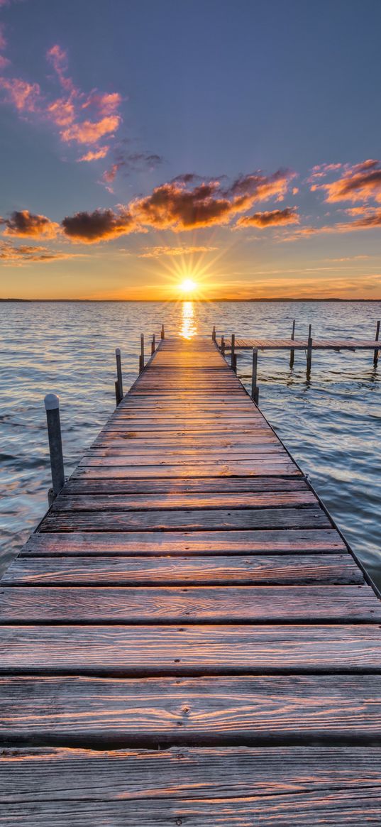 pier, lake, sunset, water, summer