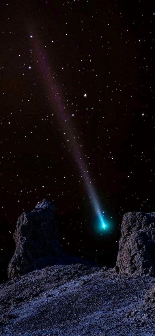 mount, rocks, starry sky, night, comet