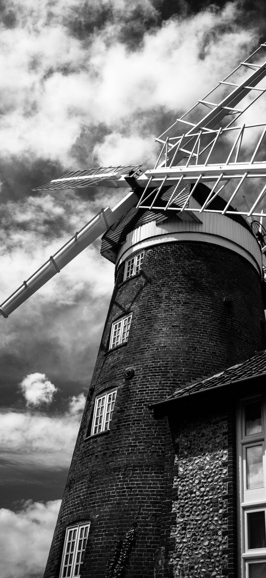 mill, building, windows, bricks, black and white