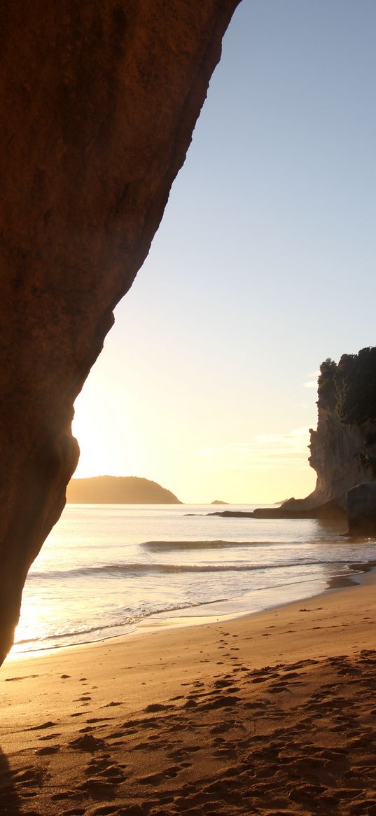 rocks, sand, footprints, sea, waves